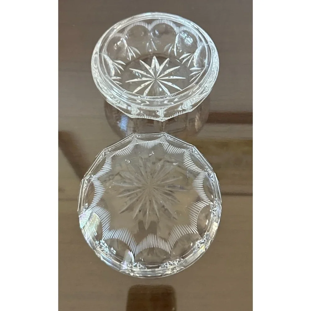 Vintage Cut Crystal Trinket Box Lidded Clear Glass Round Vanity Decor Dish 5x3.5